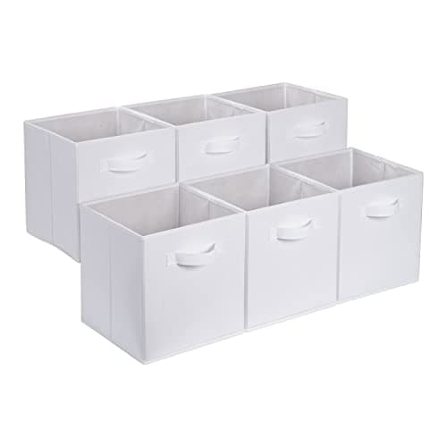 Woven storage baskets on an organized shelf