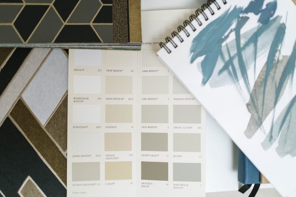 An interior design mood board with swatches and samples