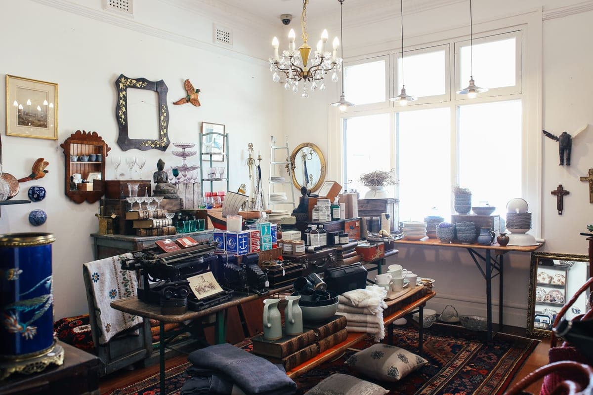 A vintage-styled room with antique furniture and warm accents