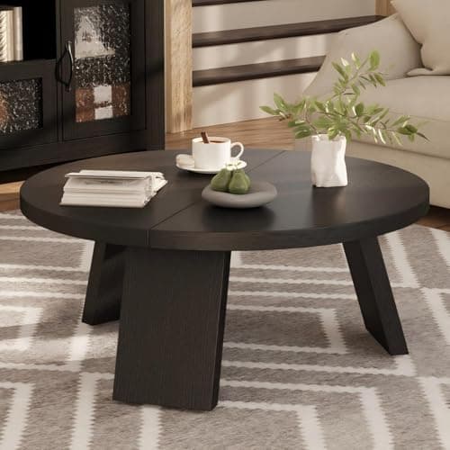 A styled wood coffee table in a living room
