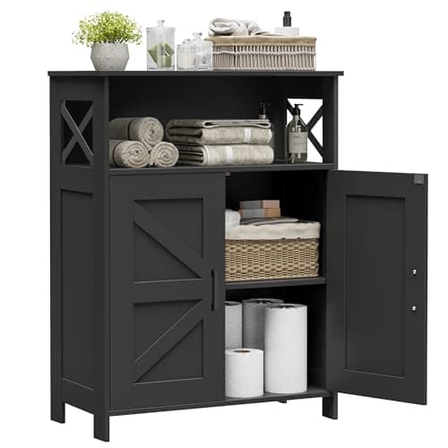 A wood dresser styled in a bedroom
