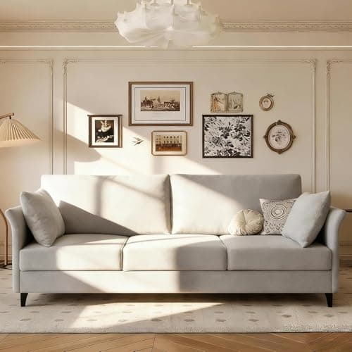 A modern sofa in a warm neutral living room