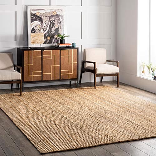 A textured area rug anchoring a living room